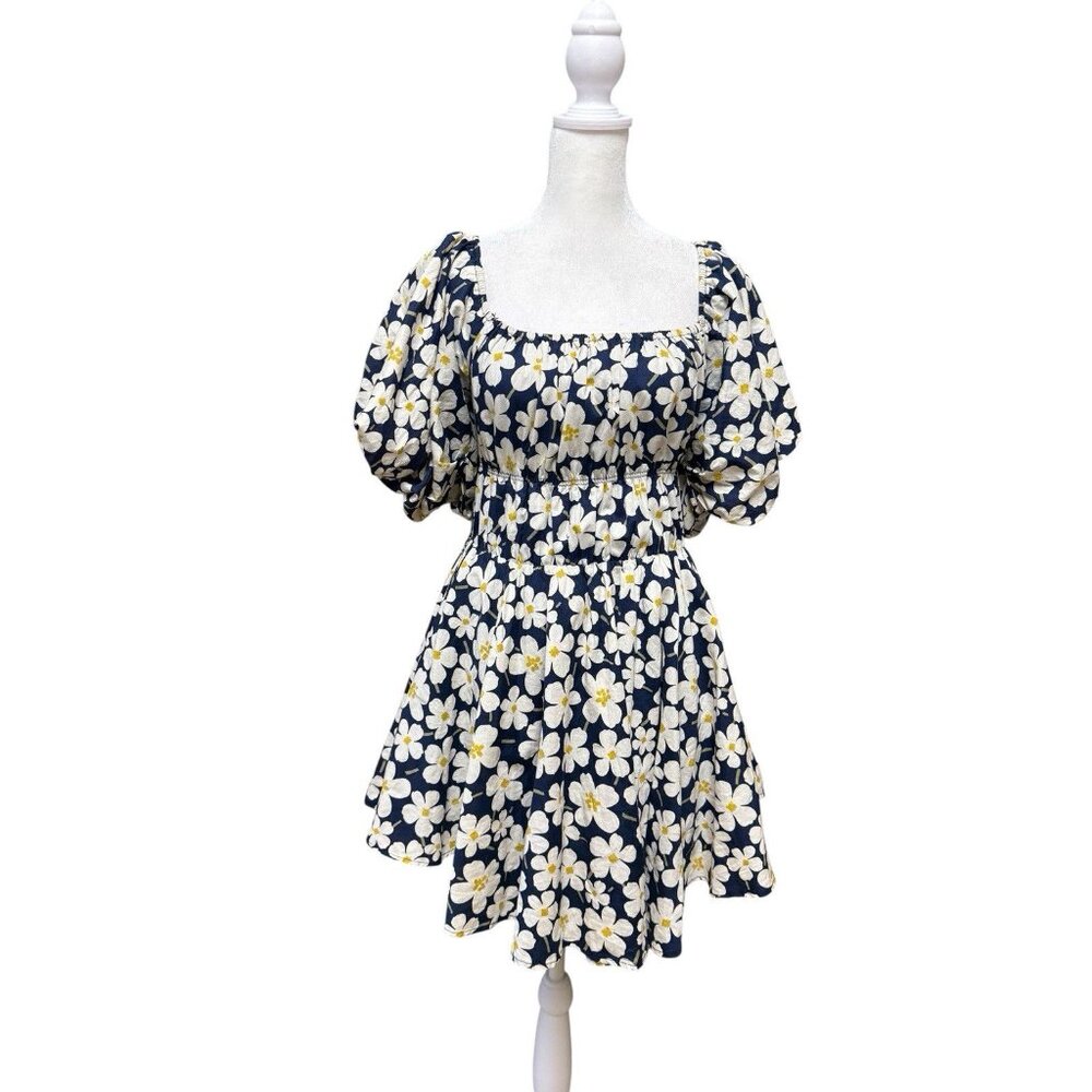 &merci Daisy Floral Puff Sleeve Mini Dress Navy Cottagecore Babydoll S